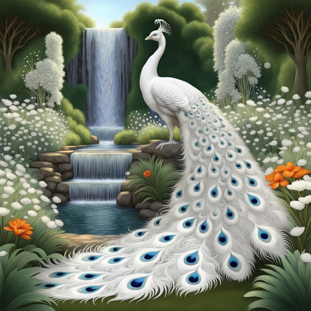 White Peacock by the Waterfall