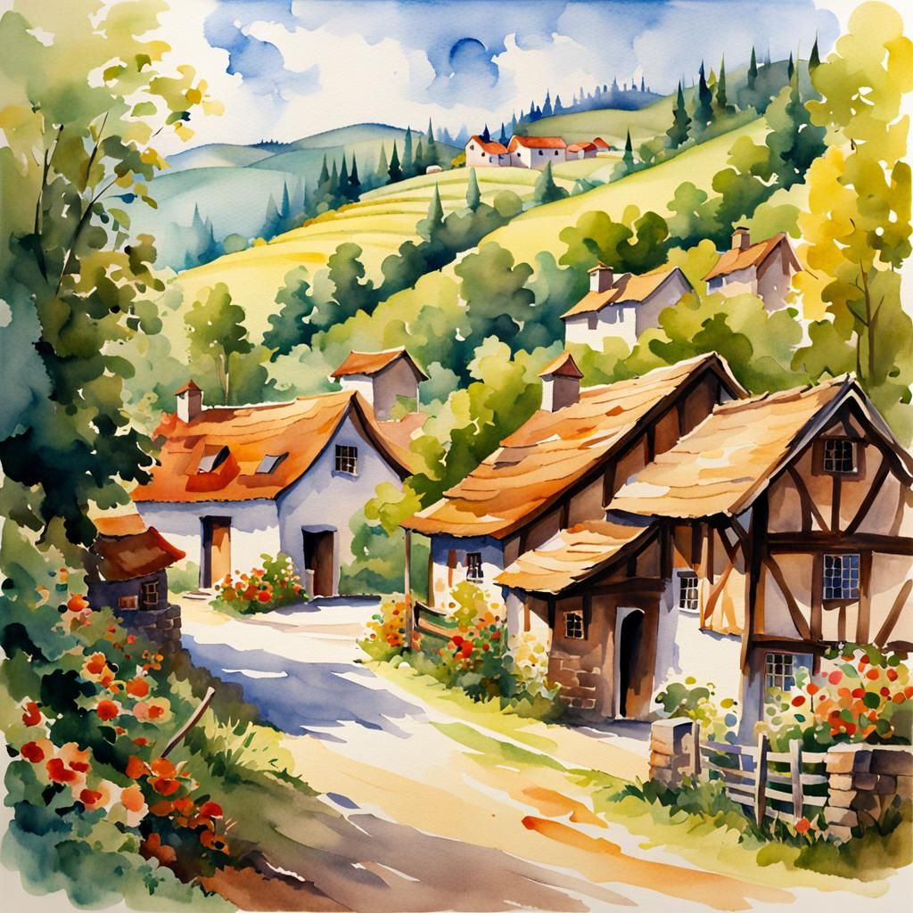 Village Landscape Watercolor  by @Antinomy