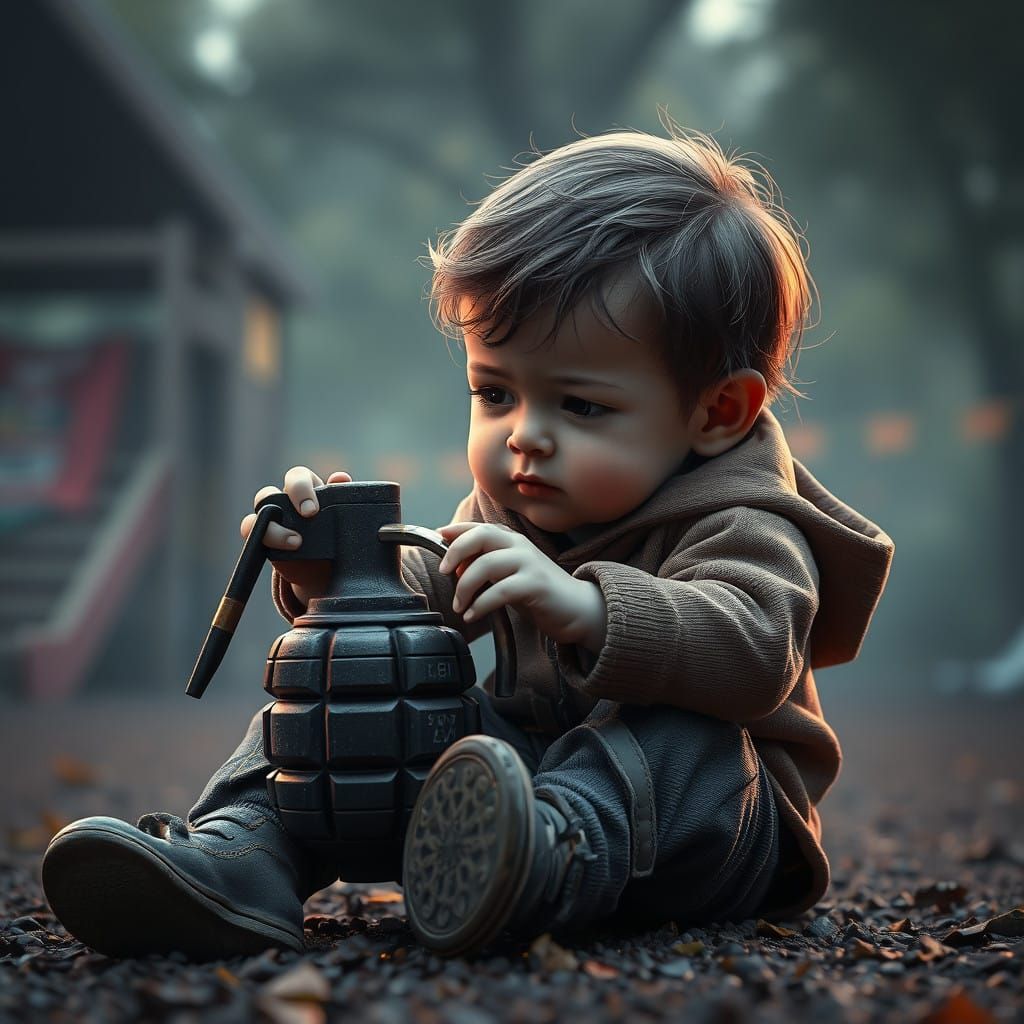 A child is sitting on the playground, and trying to pull the ring out of a combat grenade

