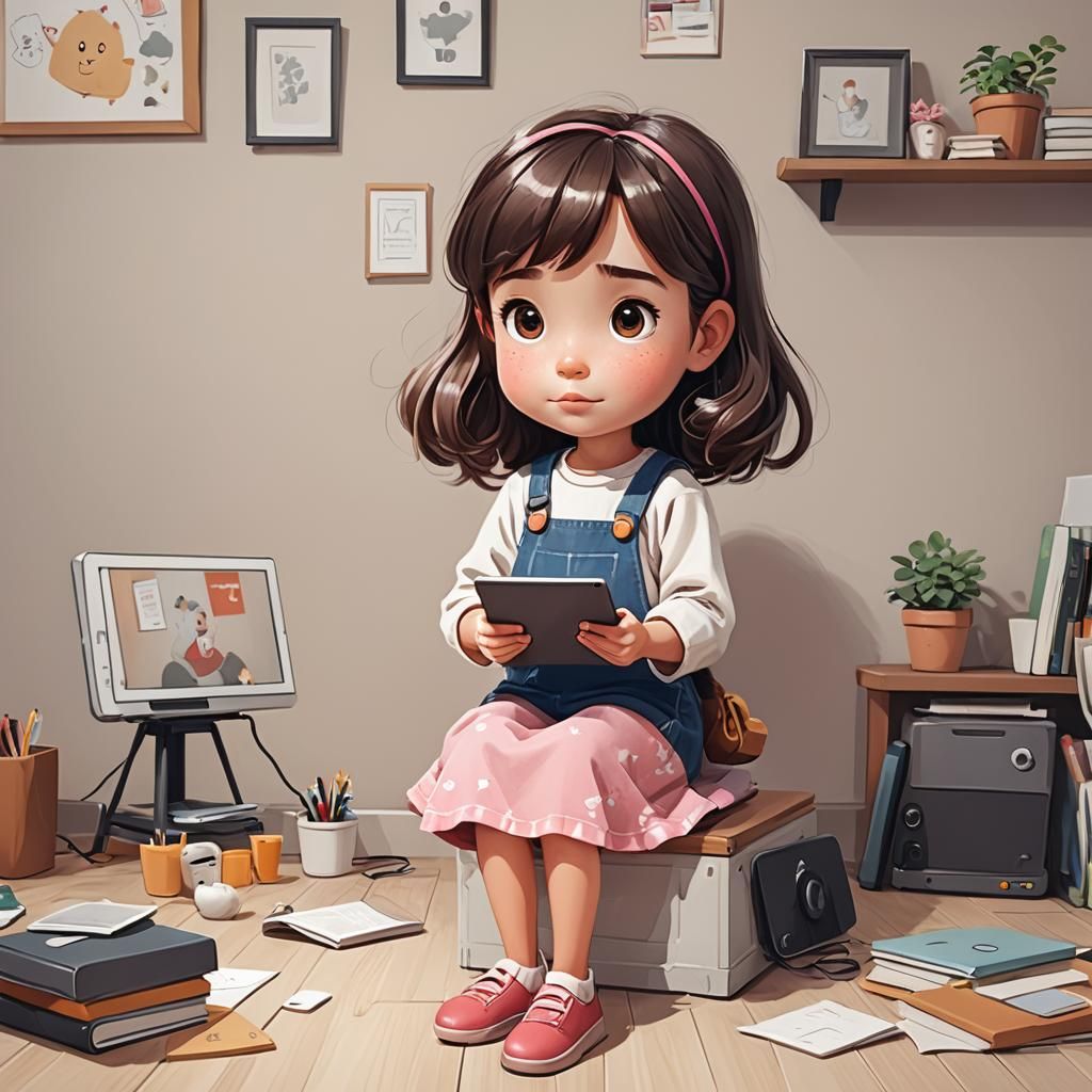 A little cartoon girl is going online at home