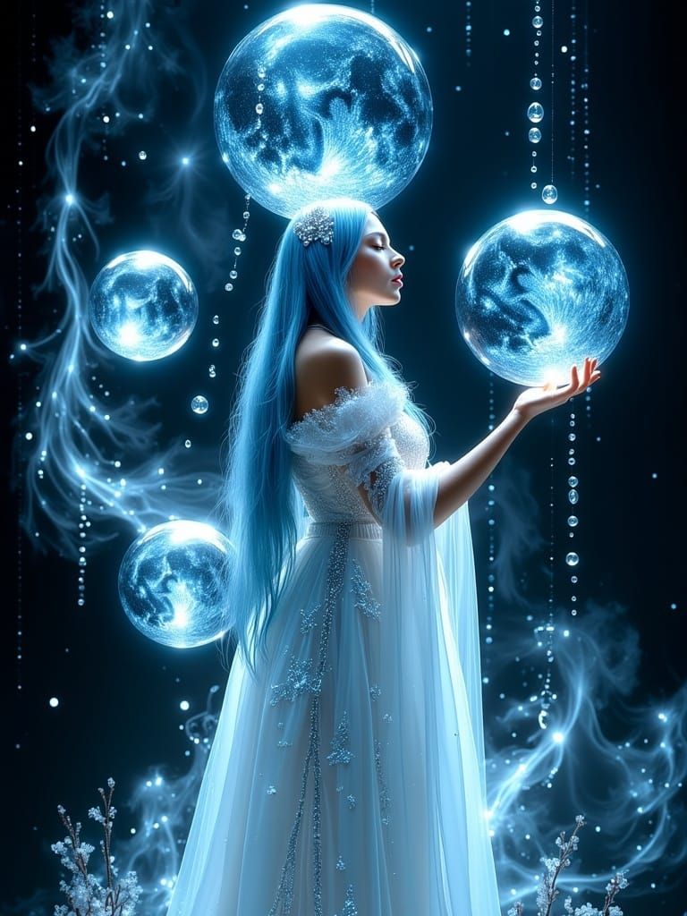 <lora:Exquisite Flux:1.0> A regal moon princess with long, cascading blue hair and an elegant white gown adorned with intricate blue accents...