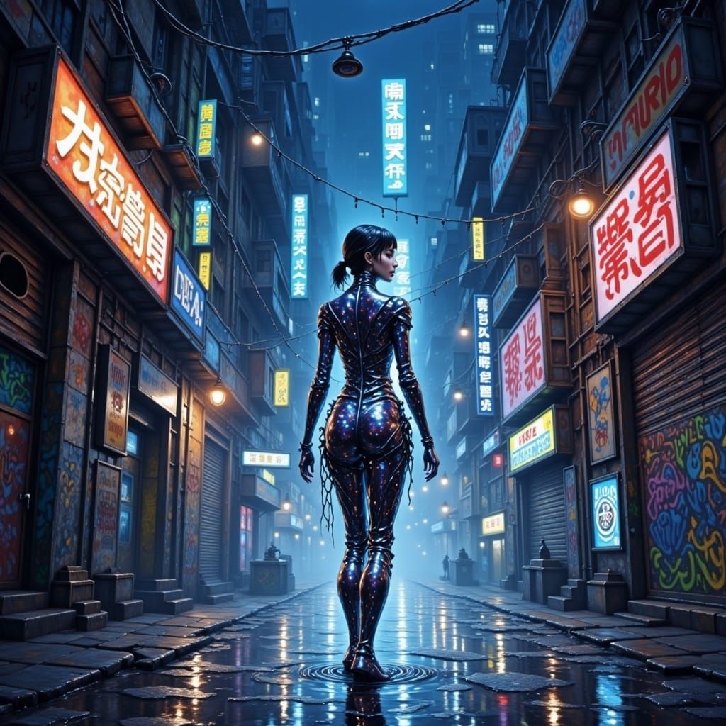 A Japanese woman dressed in a futuristic, illuminated tech suit, standing on a bustling city street at night. The street is lit with neon si...