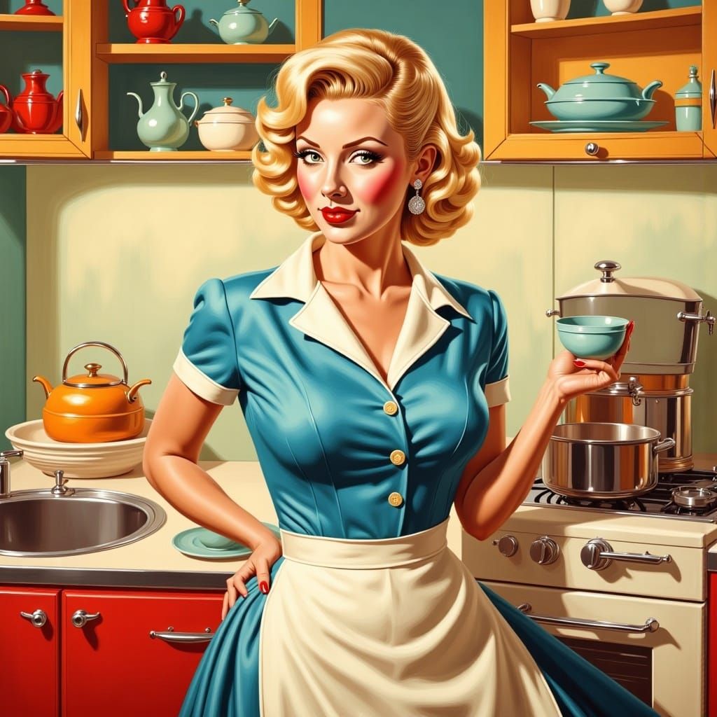 Beautiful blonde woman wearing a blue dress and apron in her kitchen, <lora:Retro Rockabilly:1.0> vintage 50s illustration art