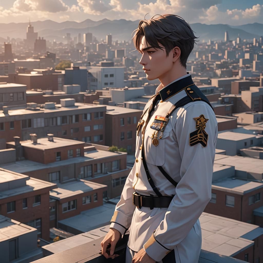 A handsome guy in uniform stood on the rooftop of a school, ...