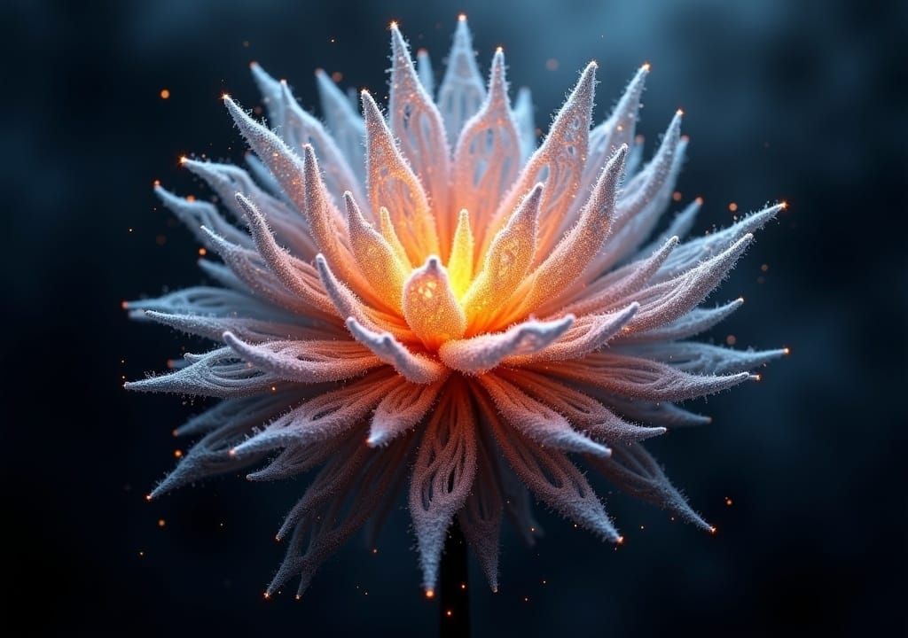 split lighting, ultradetailed ultrarealistic Chrysanthemum made out of sparks and Pressured particles, Bald Chill background, waning light <...