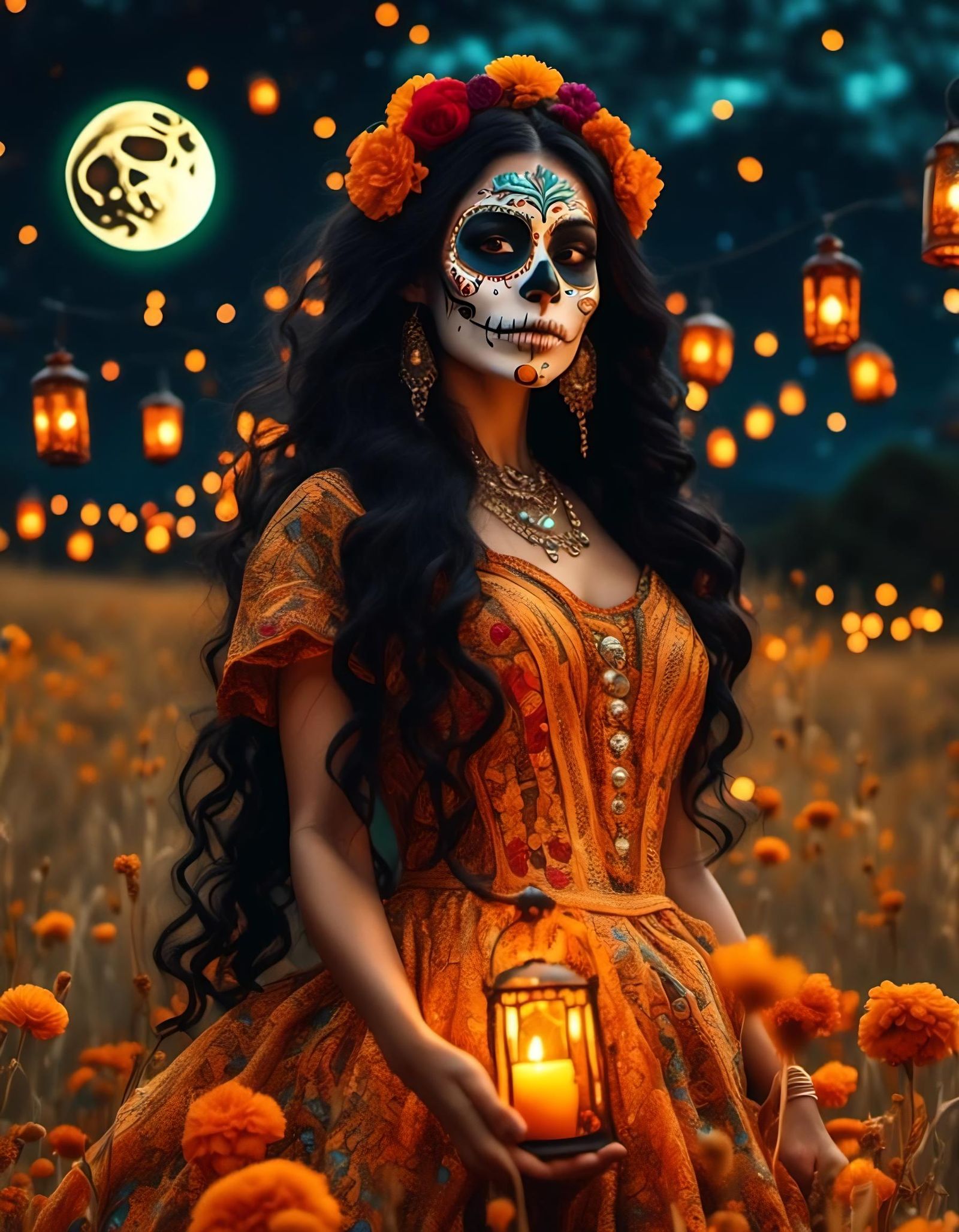 A medium shot captures a stunning woman adorned with vibrant...