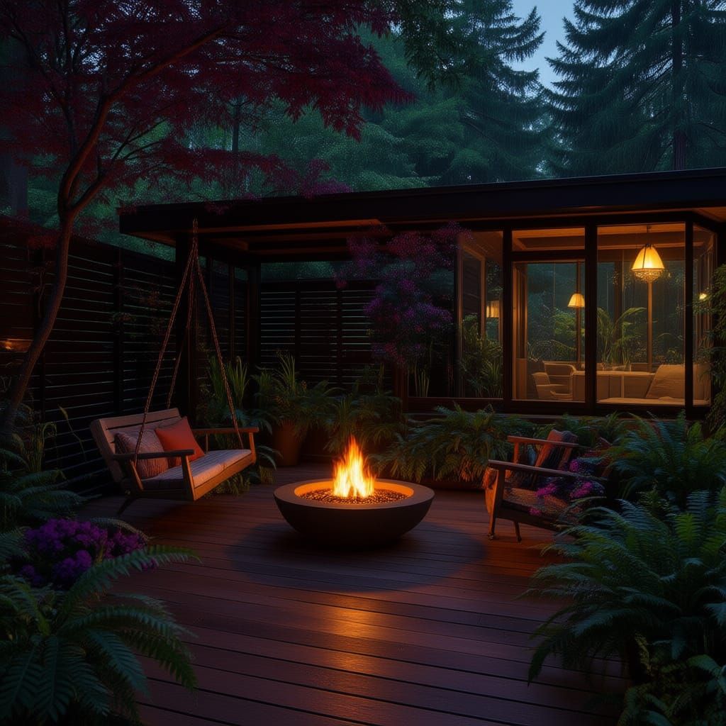 Looking out from my back door on to my deck. I want a back deck with a porch swing, yard space for my dog to run, fire pit looks good, ferns...