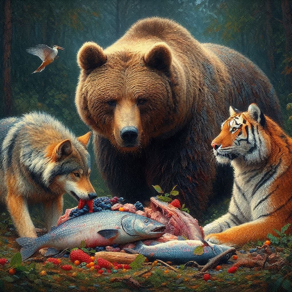 a Wolf , a Bear and a Tiger sharing a meal
