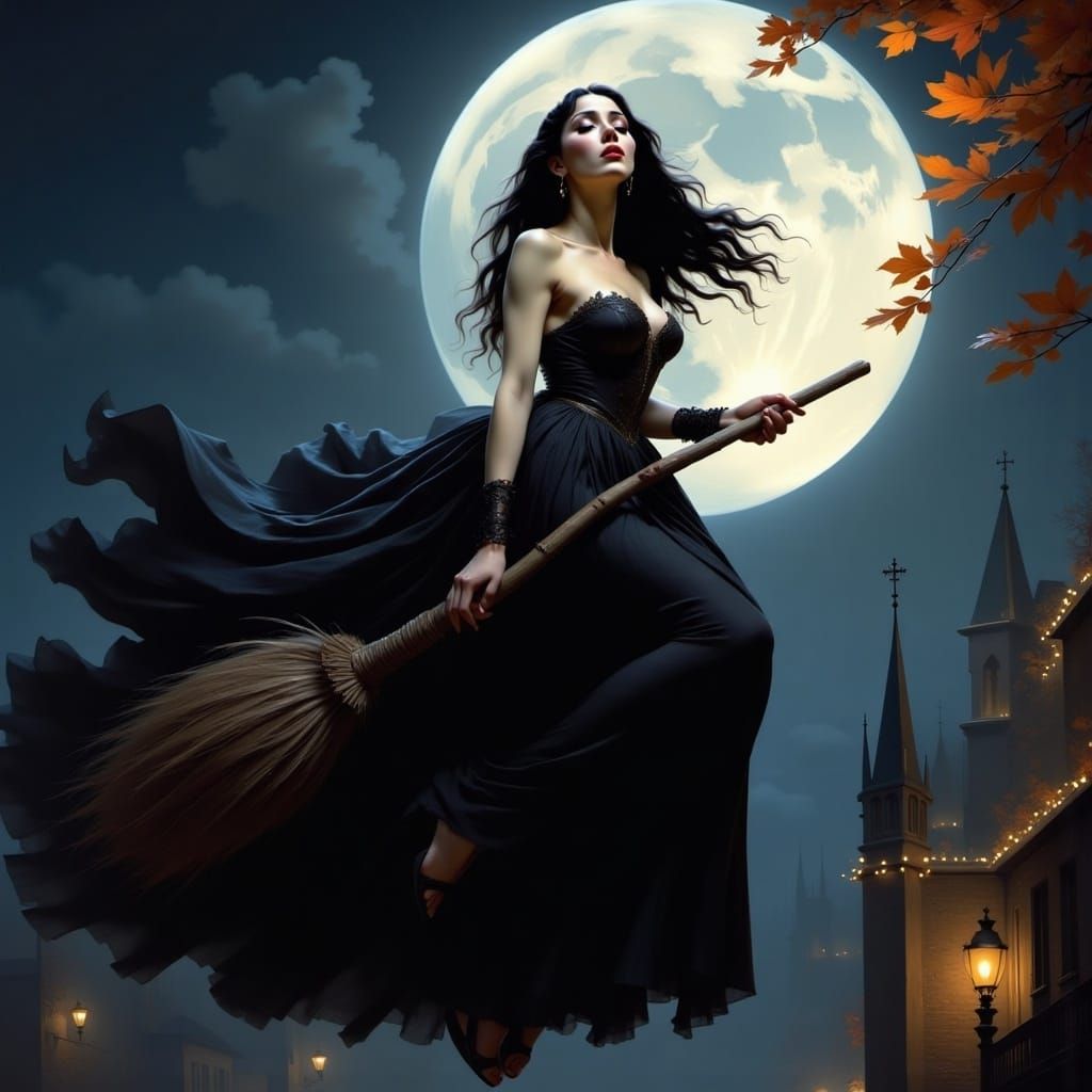 <lora:Pre-Raphaelites2:1.0> Portrait of a beautiful witch flying in the night sky on her broom, full Moon, Halloween night, a maximalist mas...