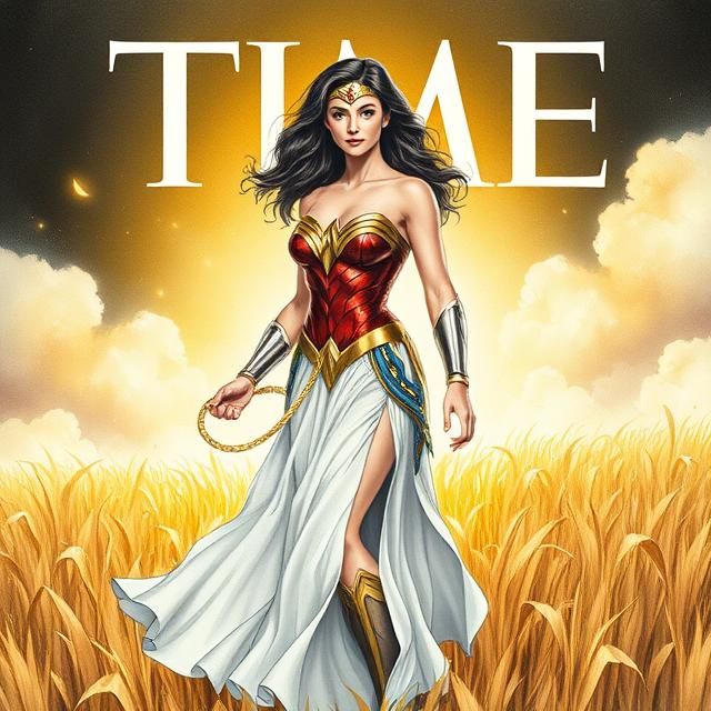 Time magazine cover featuring Wonder Woman, goddess-like, st...