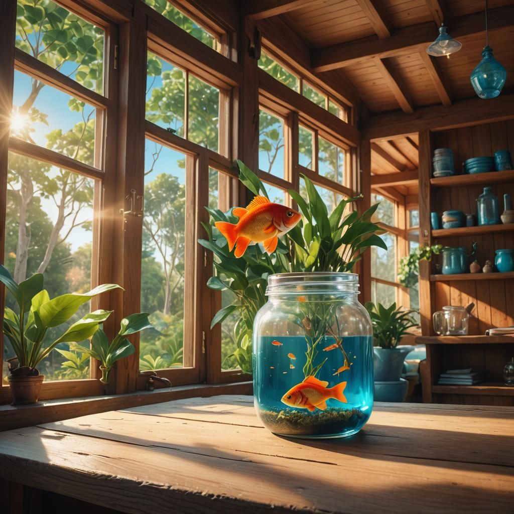 Golden Light Fills a Cozy Wooden House with an Orange Fish i...