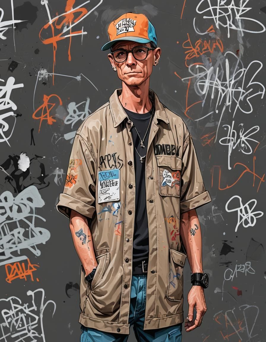 Dale Gribble dressed as a graffiti artist, dark colors, Gary...