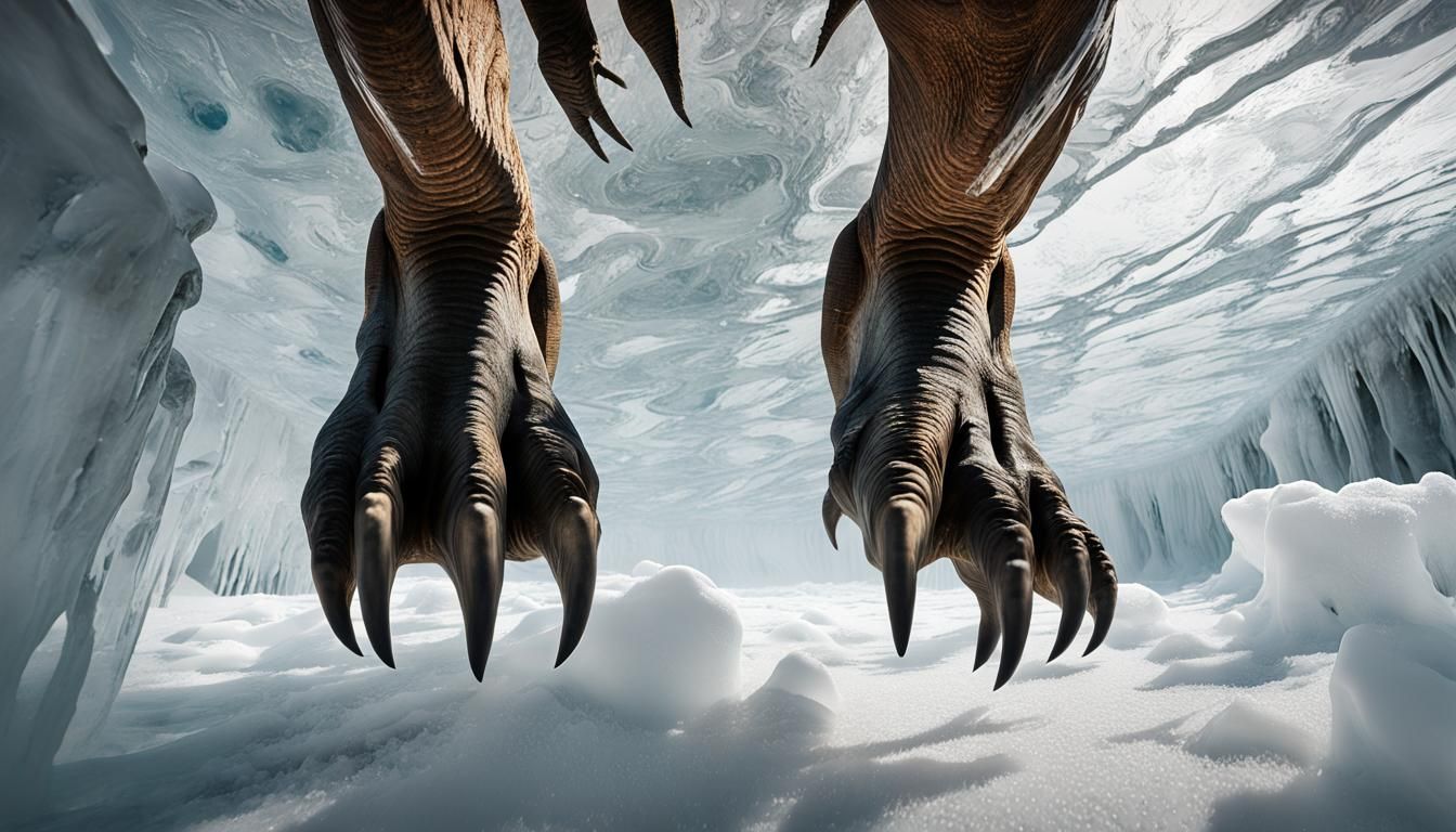 View from below of the feet of a T-Rex
