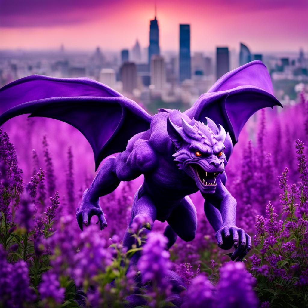 Gargoyle running in a field of purple flowers with a city in...