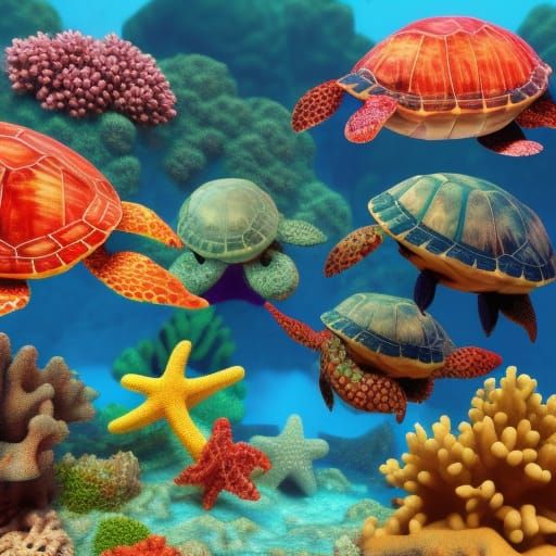 sea lifestyle, underwater coral, colorful fishes, turtle, st...