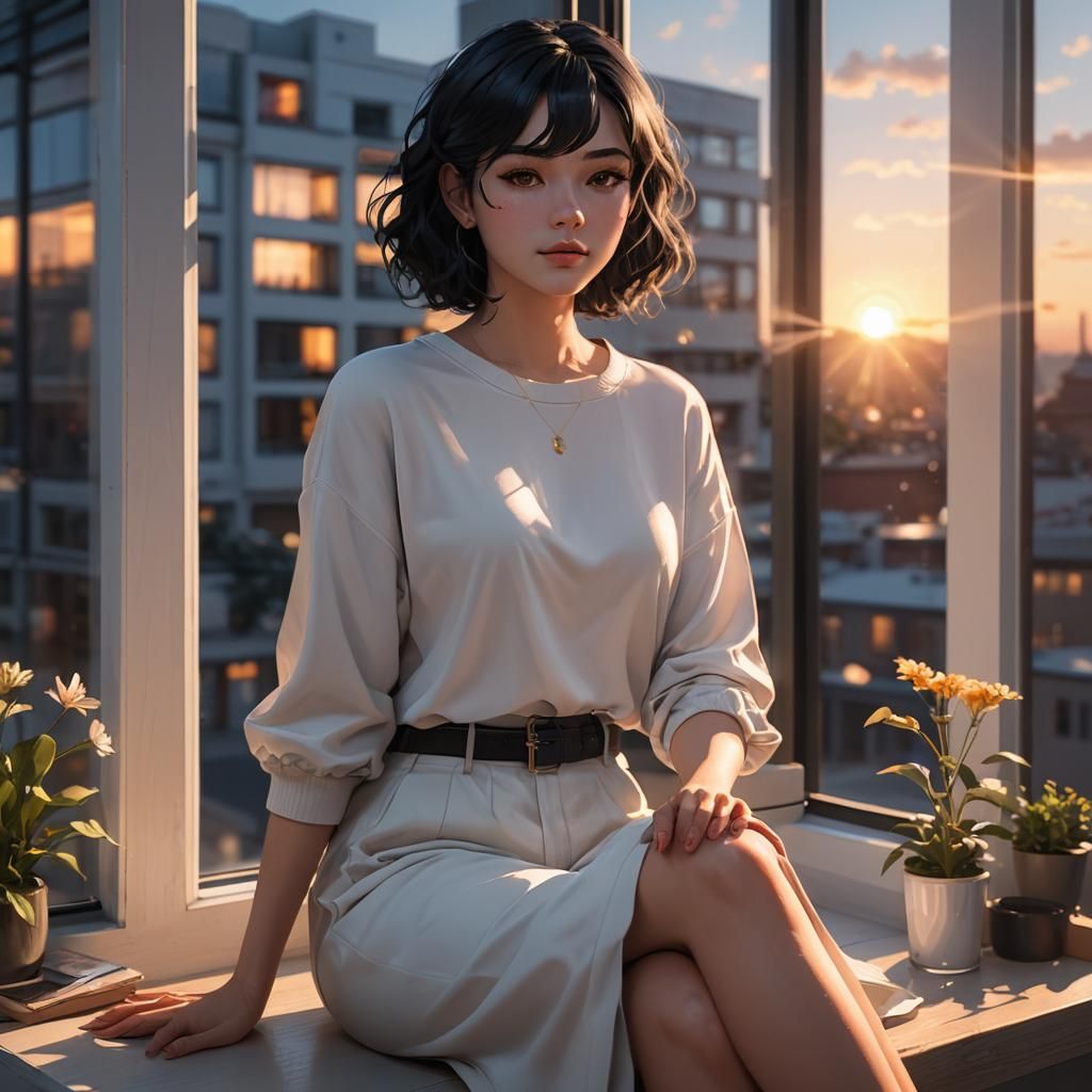 beautiful girl sitting by the window as the sun sets