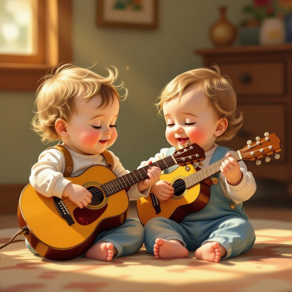 Adorable Babies Joyfully Play Guitar in Storybook Style