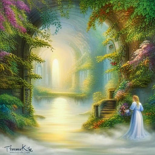 A magical world behind a portal and a girl looking through f...