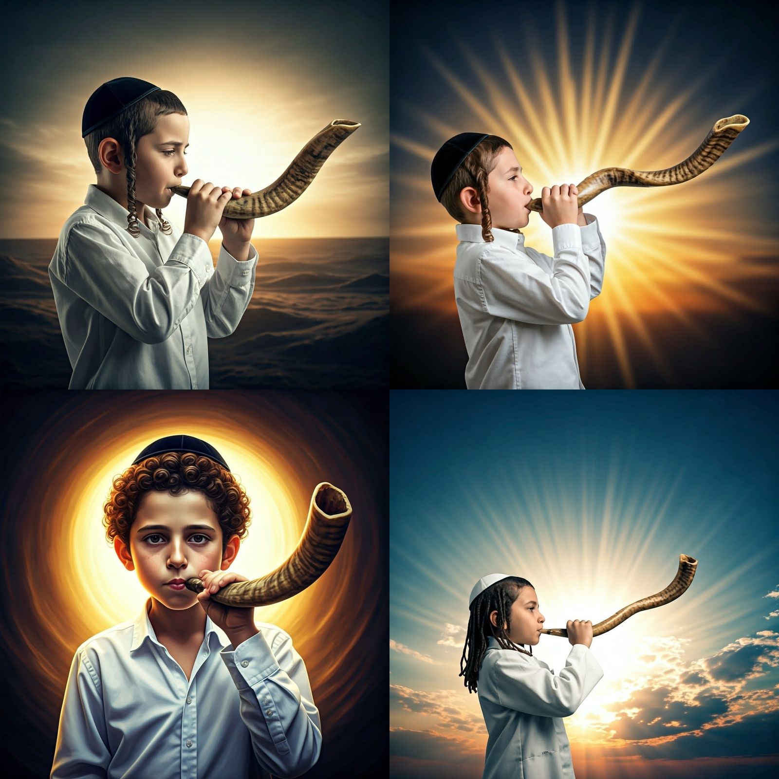 Boy Blowing Shofar Against Bright Sky