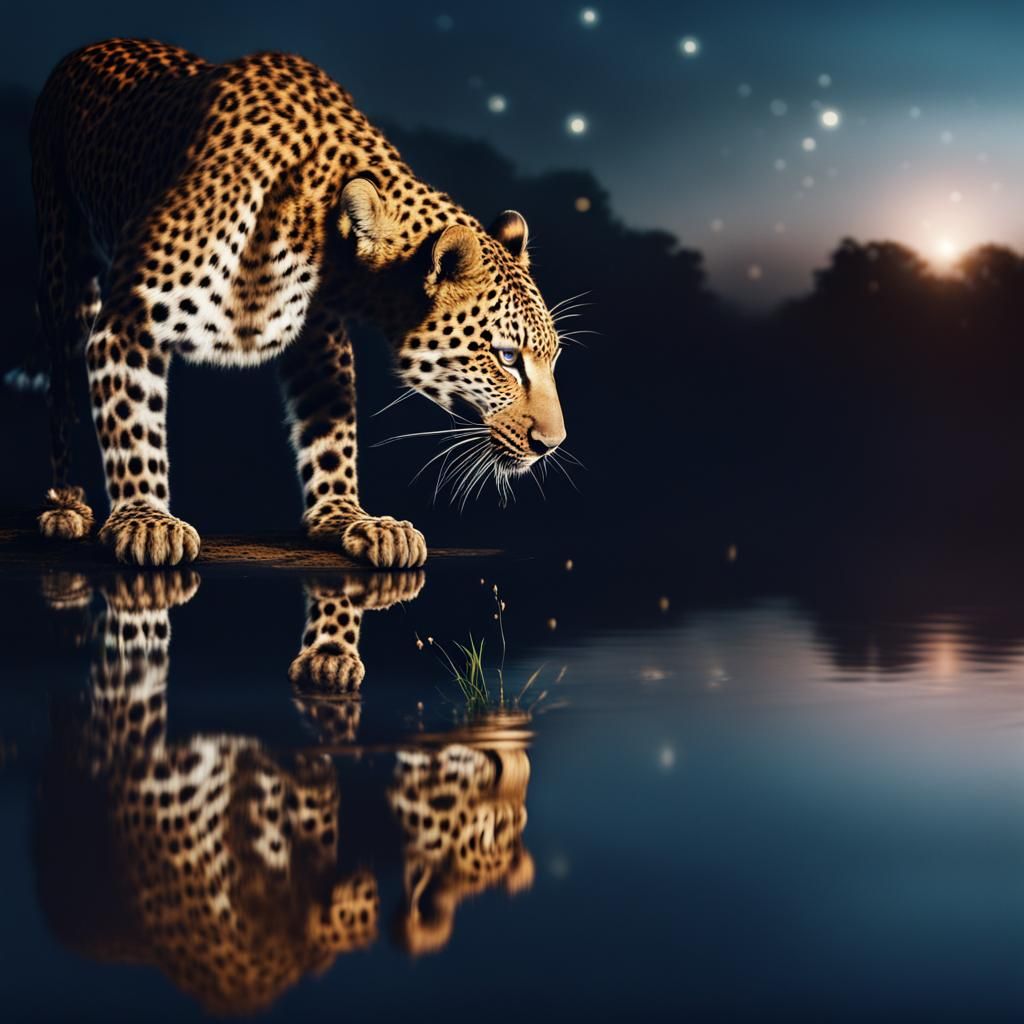 Reflection of a leopard bending it's head and drinking from a lake at night   by @extreme_elfgrrl