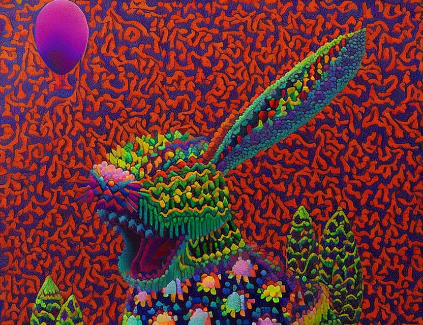 Psychopathic laughing Easter bunny brings Eggs, chocolate and a bottle