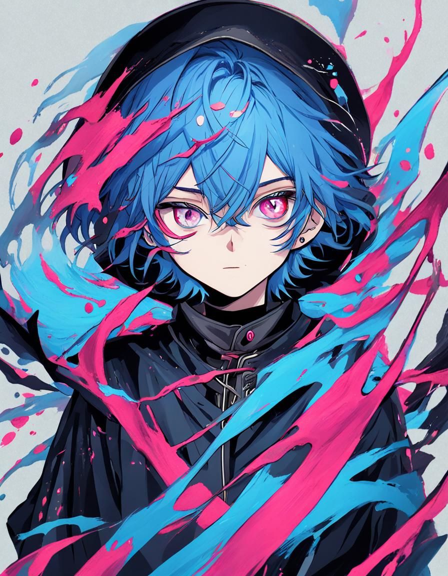 Boy with blue hair pink eyes