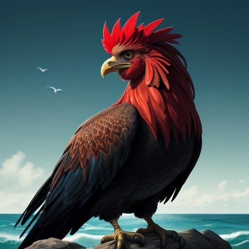 Rooster as Eagle Grabbing Fish in Dramatic Ocean Splash Art