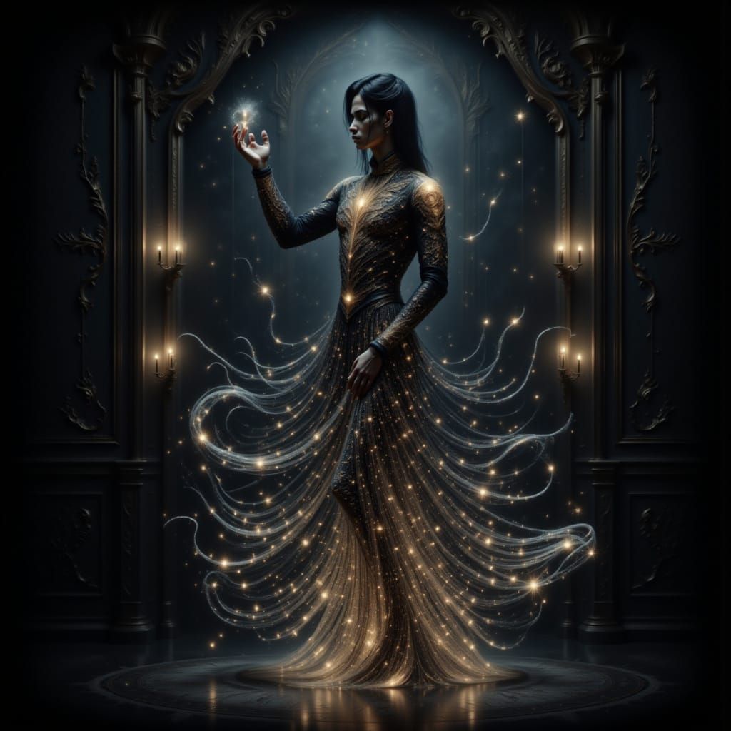 <lora:Darkspark Intensity:1.0> Glowing dynamic dancing spirit man in a dark room in a Victorian dress, glowing ghost man in a dark black roo...