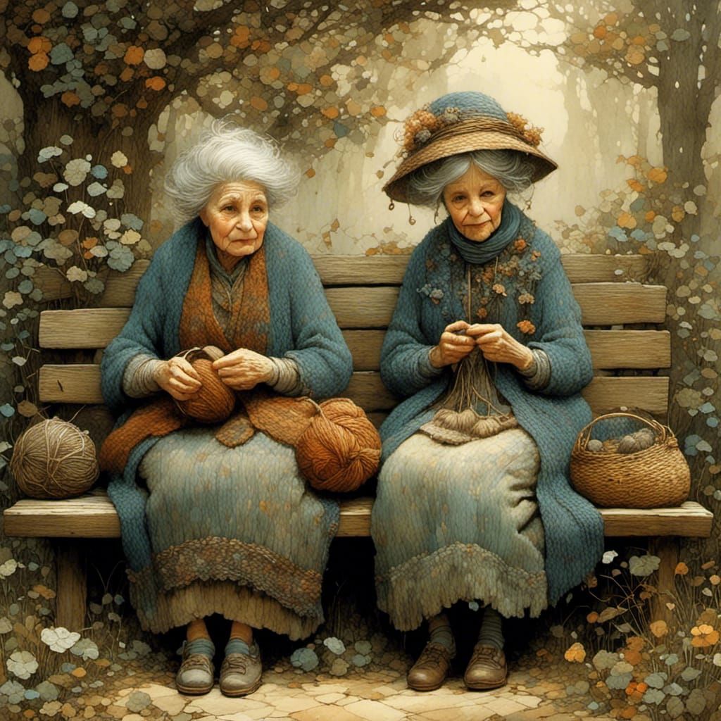 two old women sitting on a wooden bench and knitting beautif...