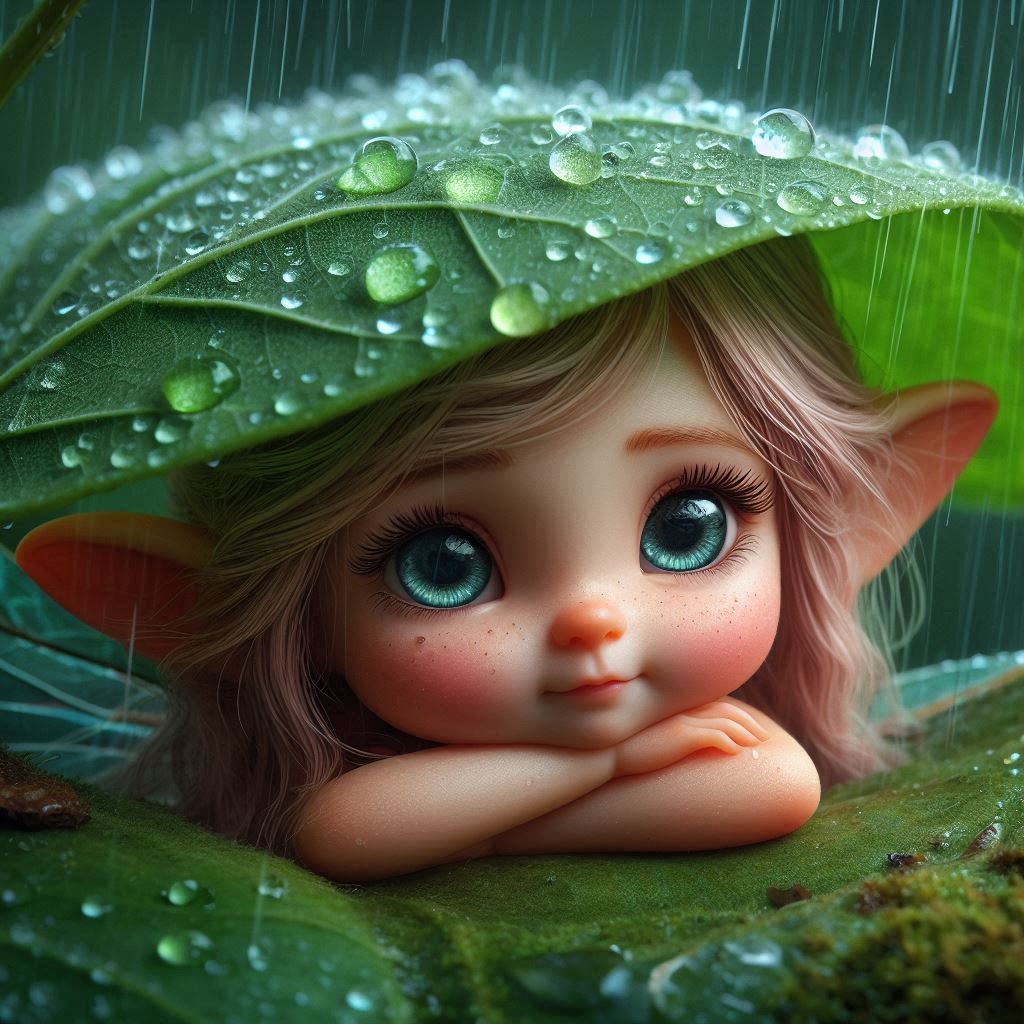 Macro portrait of a tiny girl-fairy hiding under a leaf from the rain