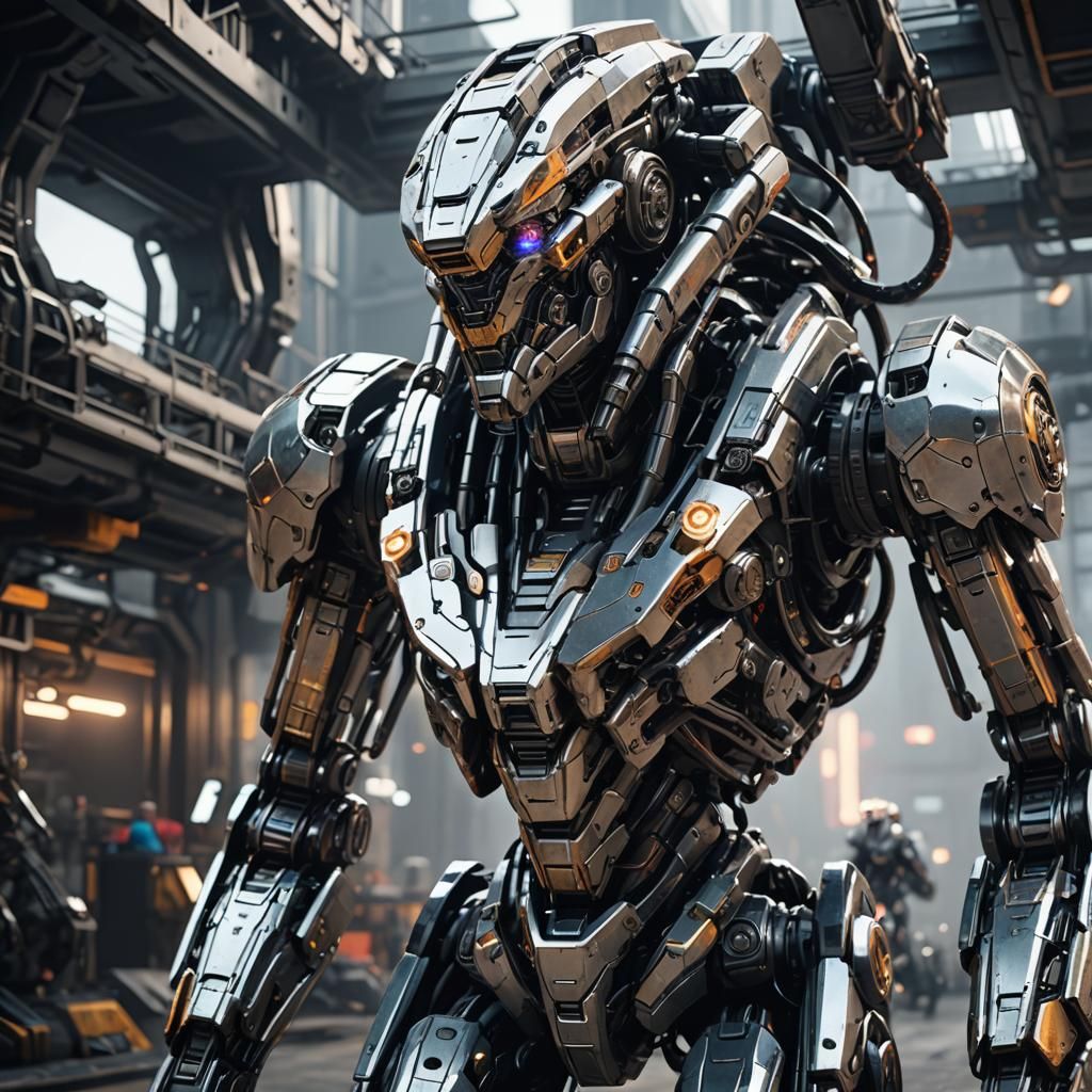 Mech human intricate mech details, ground level shot, 8K res...