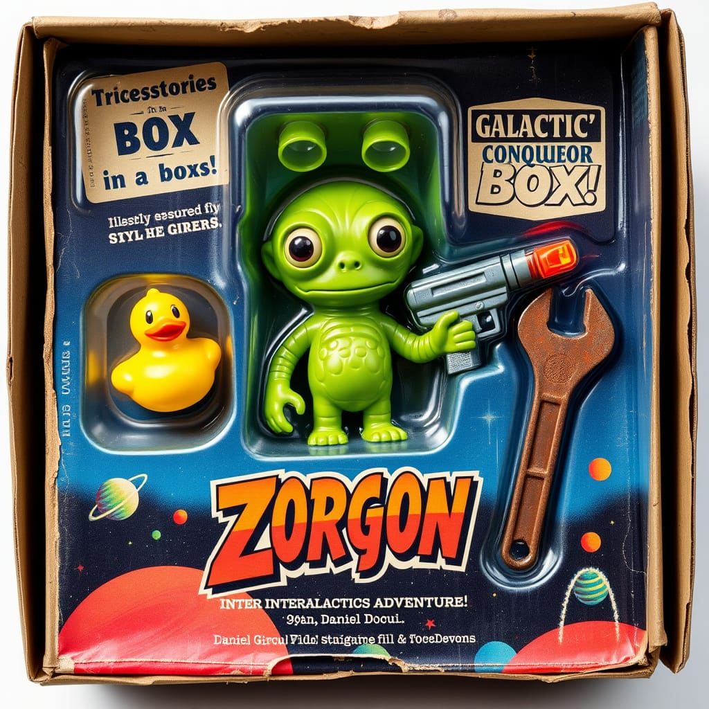 Zorgon! Vintage 1960s action figure with parody accessories for defense!  by @mary benoite