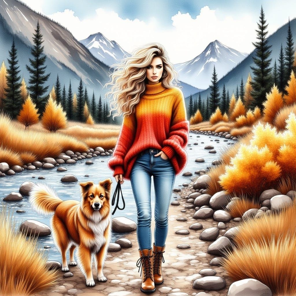 <lora:BeautifulPaintingFx:1.0> Stunning woman, wavy and tousled blonde hair, wearing a red and yellow wool sweater, jeans, boots, hiking in...