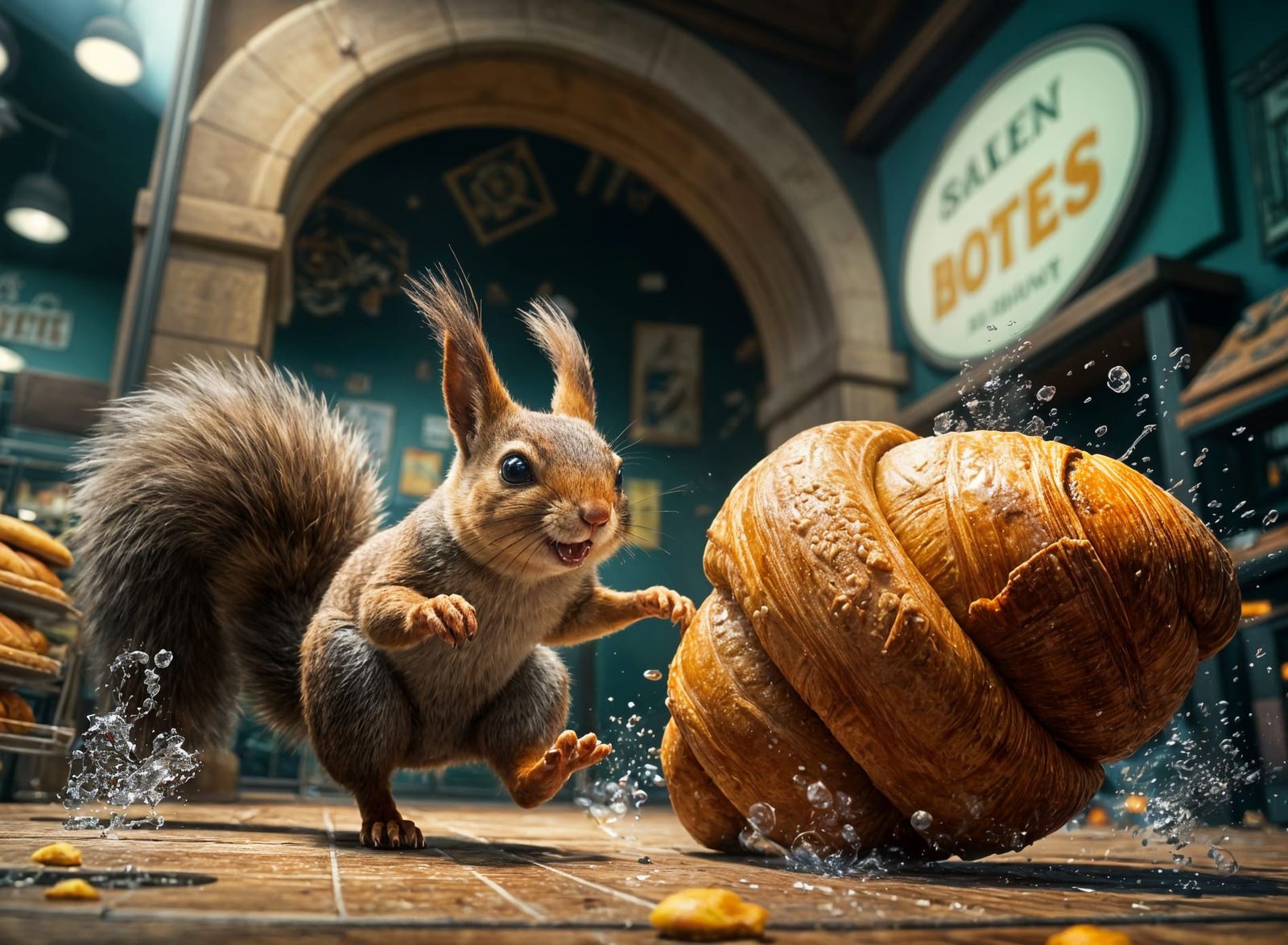 A squirrel sneaking into a bakery and escaping with a giant croissant  by @Havping
