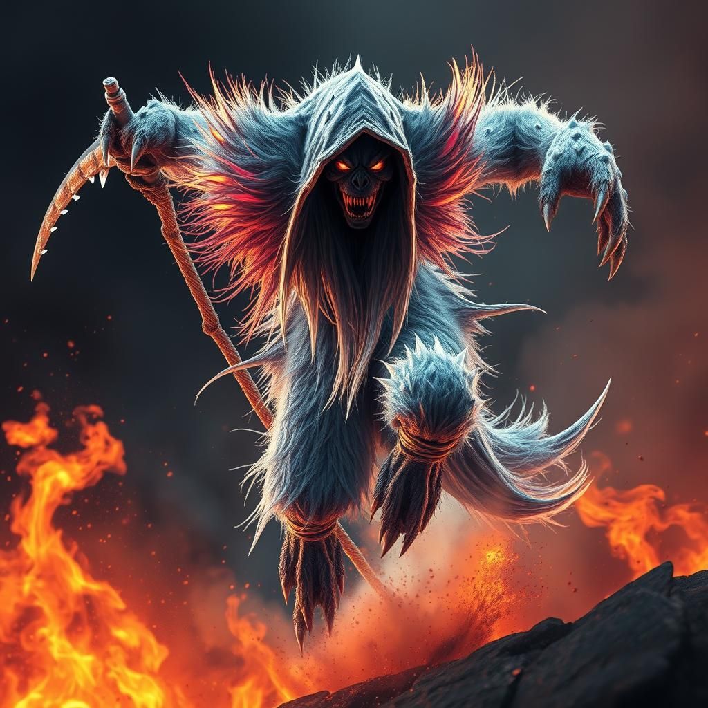 Icy Reaper Leaping Through Fire in Dark Fantasy Style