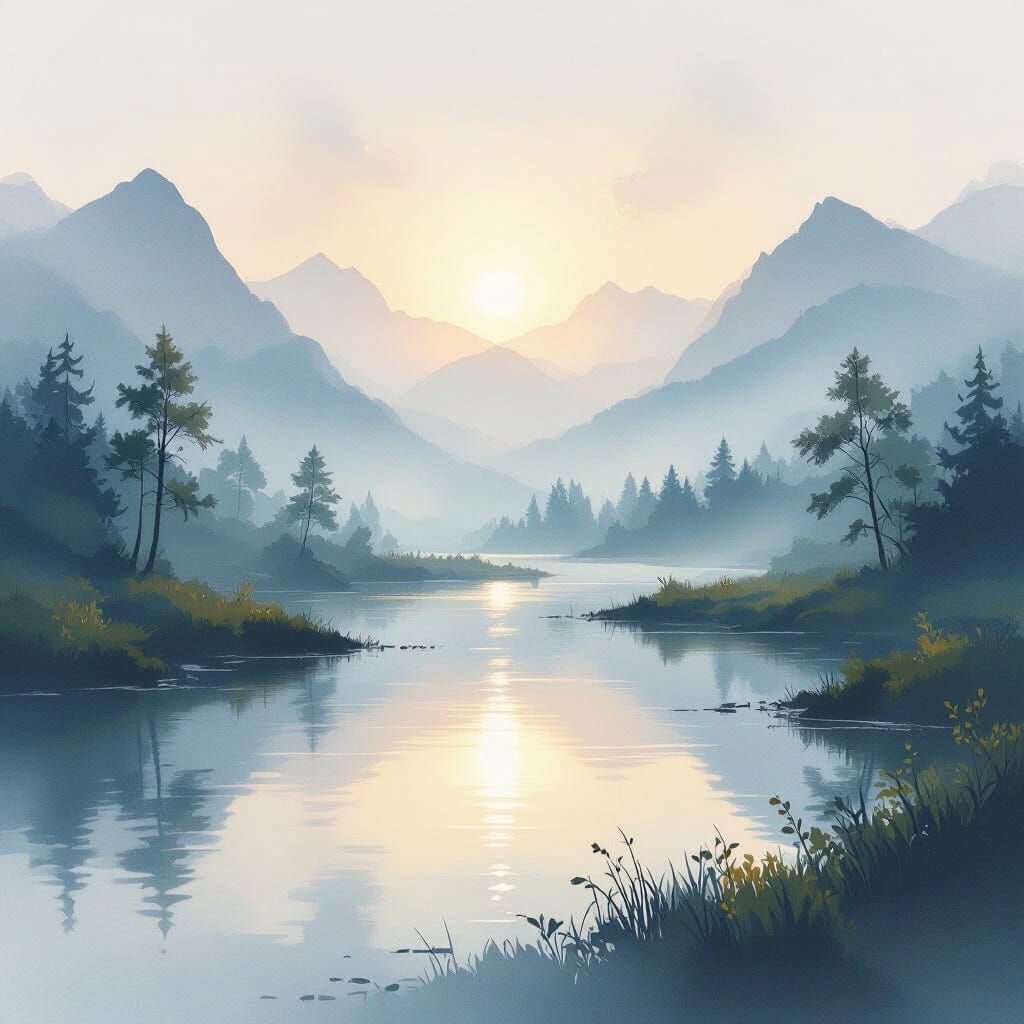 Ethereal Dawn: Pastel Mountains in Watercolor Style