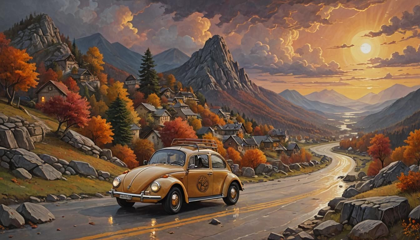 Serpent road-trip of dream in the mountains, sunset, autum, ...