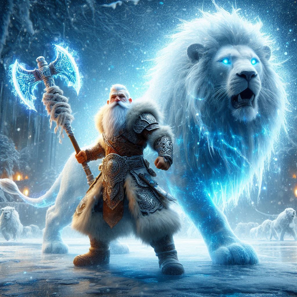 Dwarf and white lion