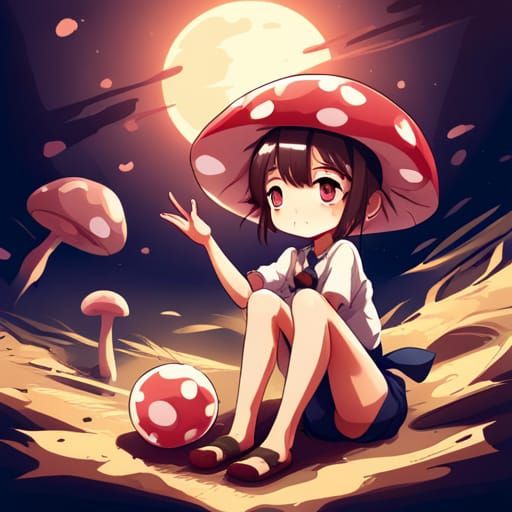KREA - beautiful anime girl walking in rainy mushroom village at night,  super mario style, red and white spotted mushroom houses, geometric  mountains in distance, landscape, anime key visual, digital art, anime