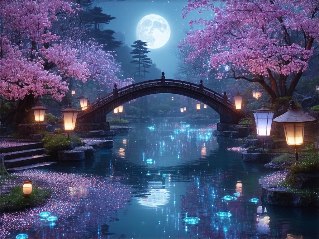 A dreamlike Japanese garden in perpetual twilight, bathed in...
