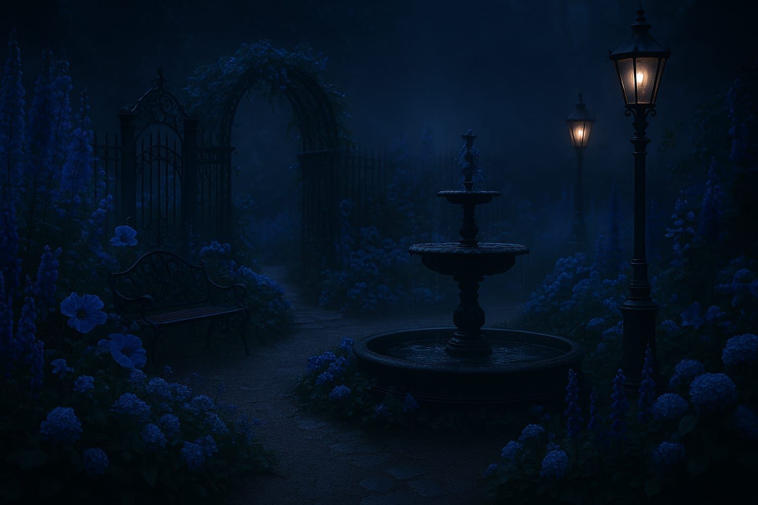 Misty Garden Under Victorian Lanterns