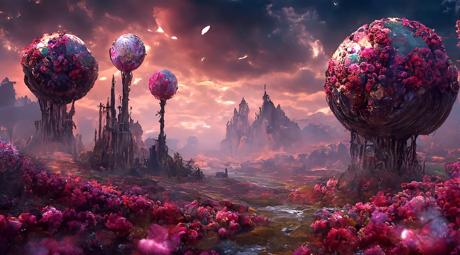 Enigmatic Fantasy Landscape with Blossoming Spheres