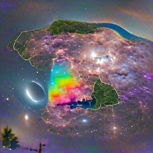 Jinja in a pastel rainbow galaxy