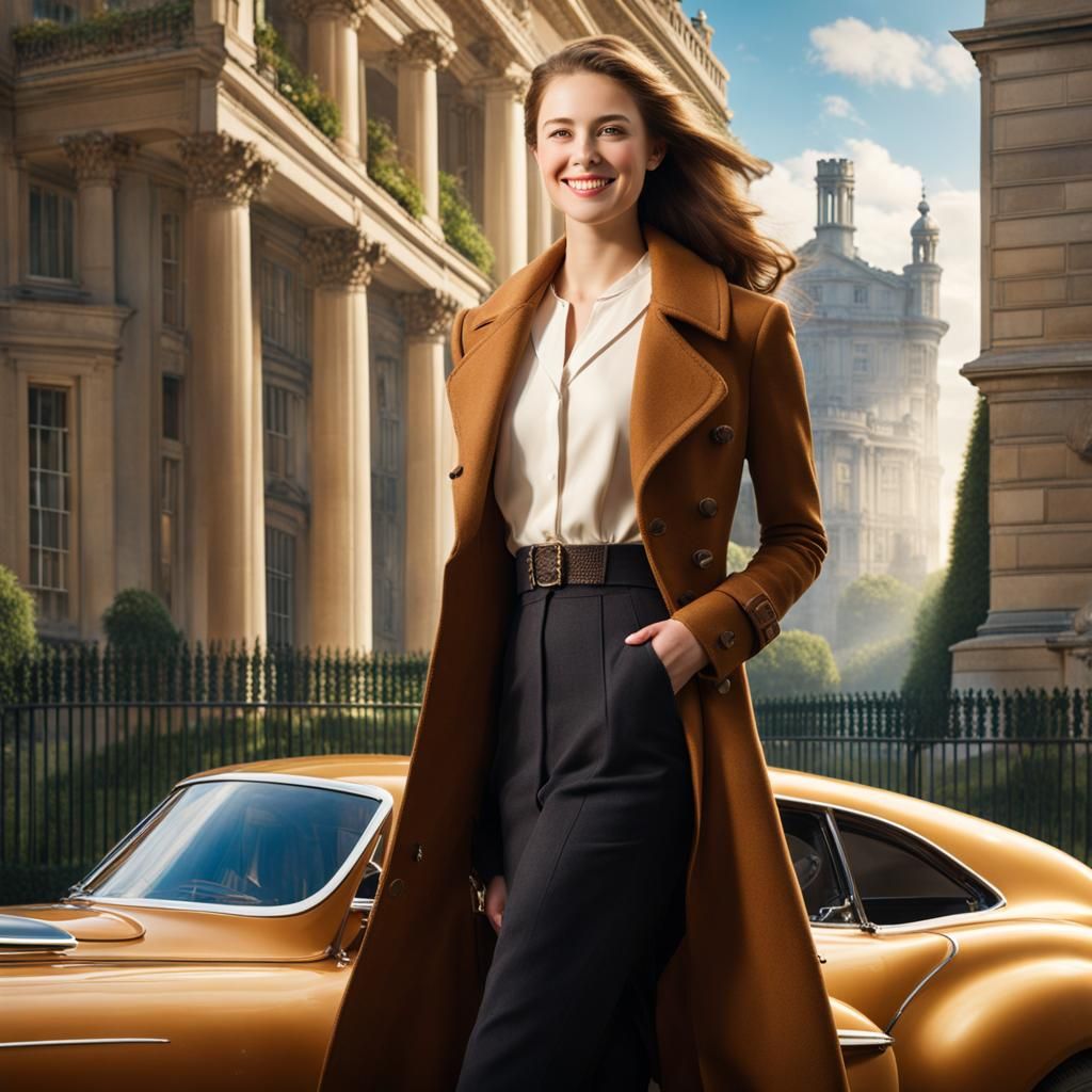 A British  young lady, wearing a brown tweed riding coat, , ...