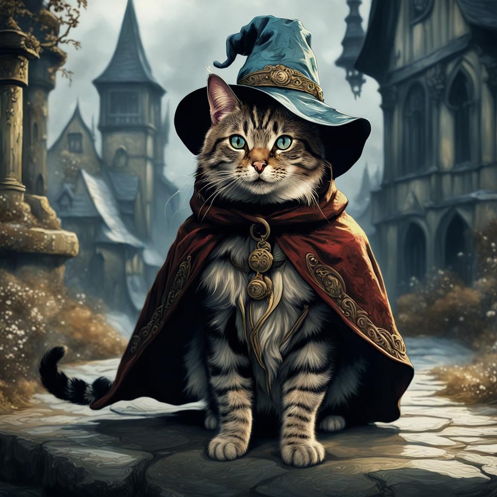 Style of Arthur Rackham, a cat wearing a cloak and hat - AI Generated ...