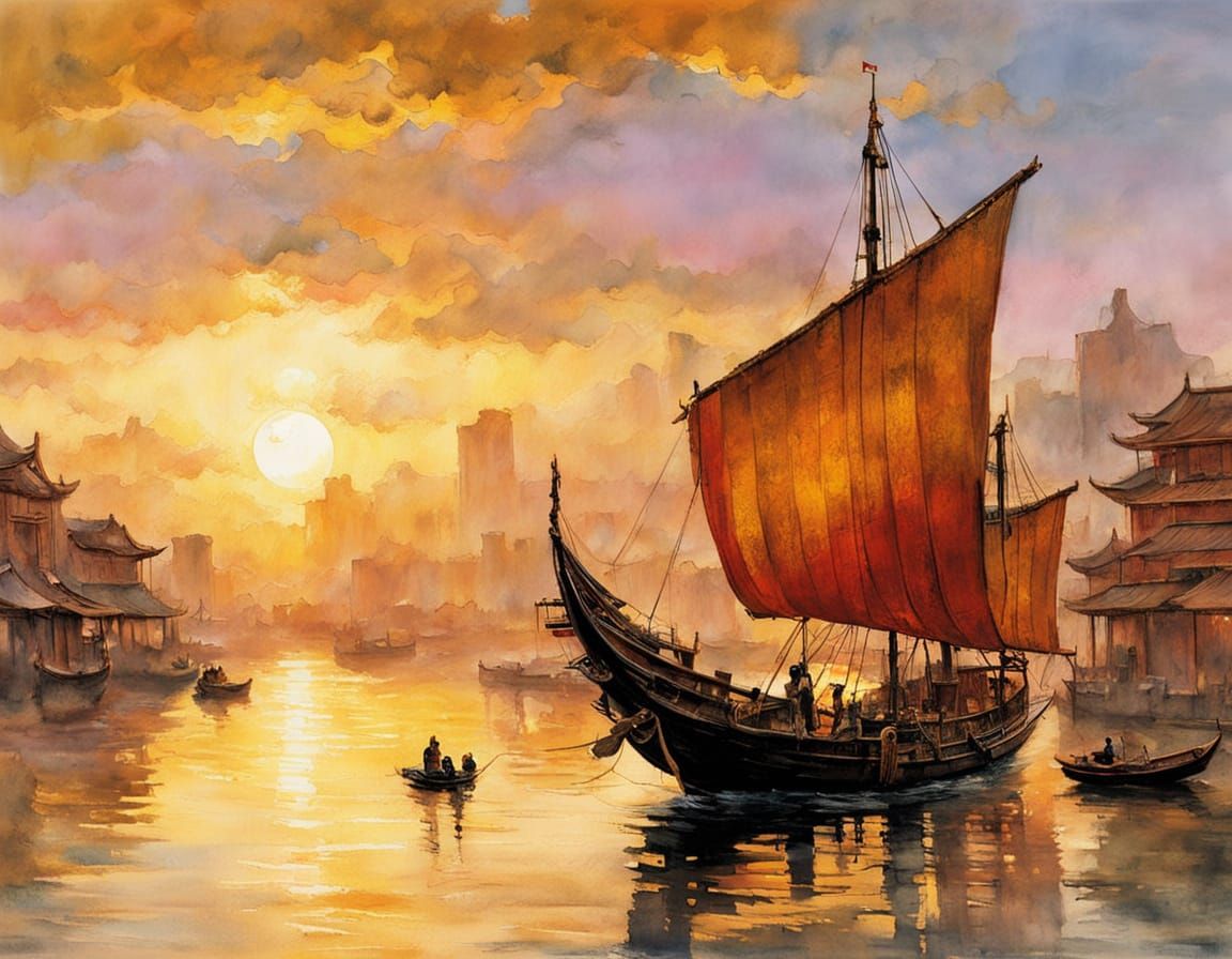 Chinese Junk at Sunrise in Encaustic Style