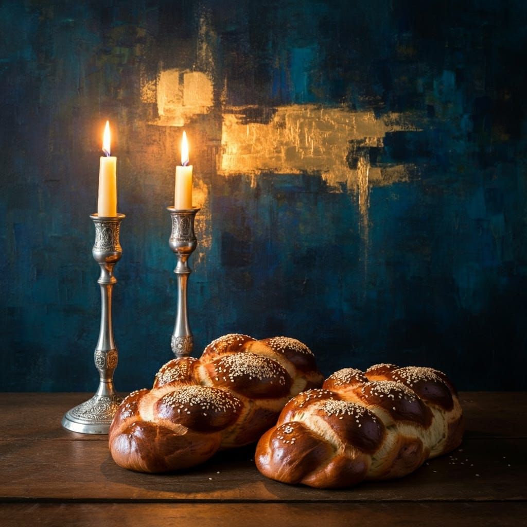 Golden Challahs and Candlelight in Abstract Setting