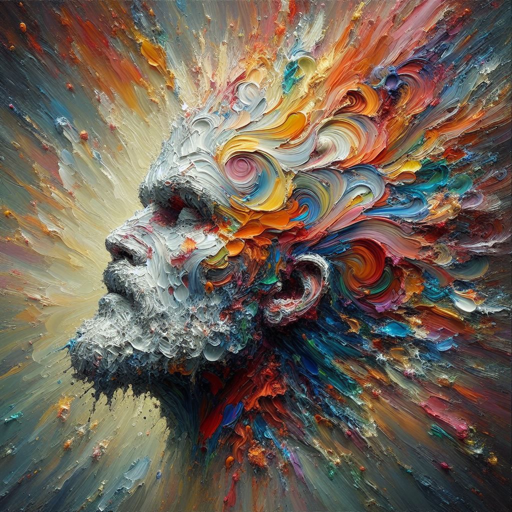Surreal Impasto painting rainbow head explosion