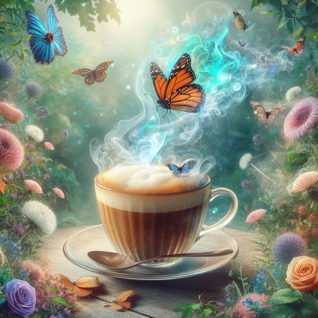Cappuccino with flowers and butterflies.