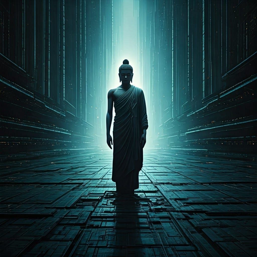 Ethereal Figure in Metallic Expanse, Comic Book Style